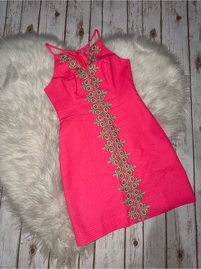 Stunning Lilly Pulitzer Bungalow Pin Hot Pink Gold Crochet Shift Dress Size 00